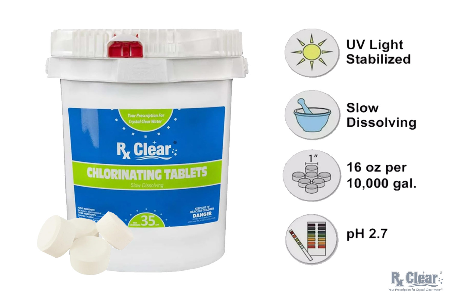 Rx Clear 1″ Inch 99% Trichloro Stabilized Swimming Pool Chlorine Tablet – 35 lbs