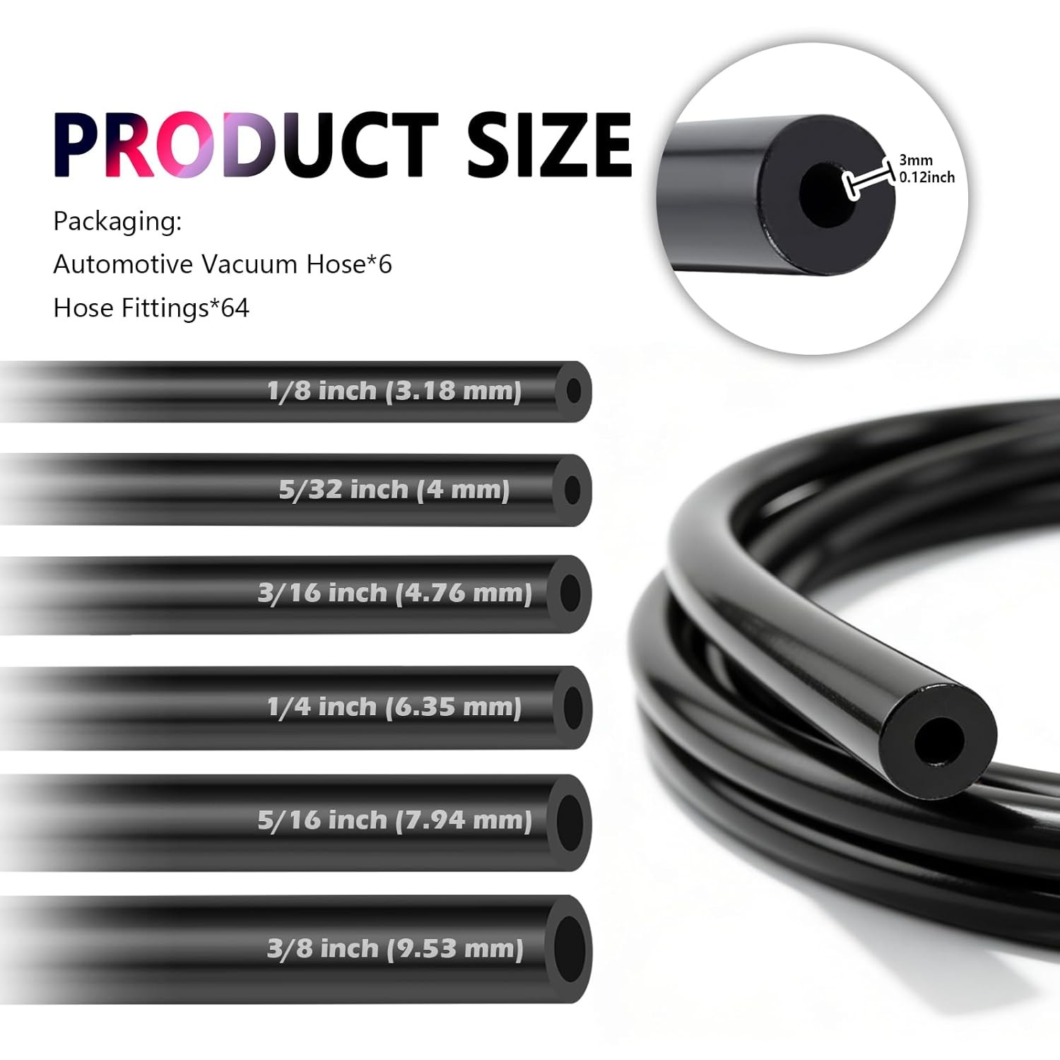 Automotive Vacuum Lines 6PCS 5Ft Multi-Size Silicone Vacuum Hose with 64PC