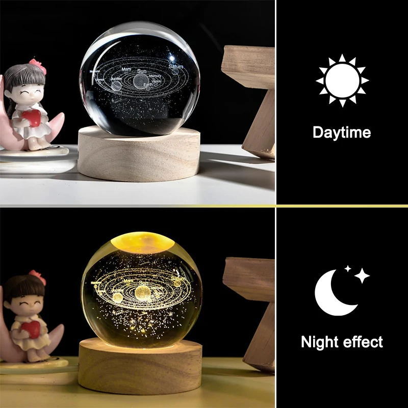 LED Bedside Table Lamp 3D Crystal Ball Night Light Solar System Jellyfish USB