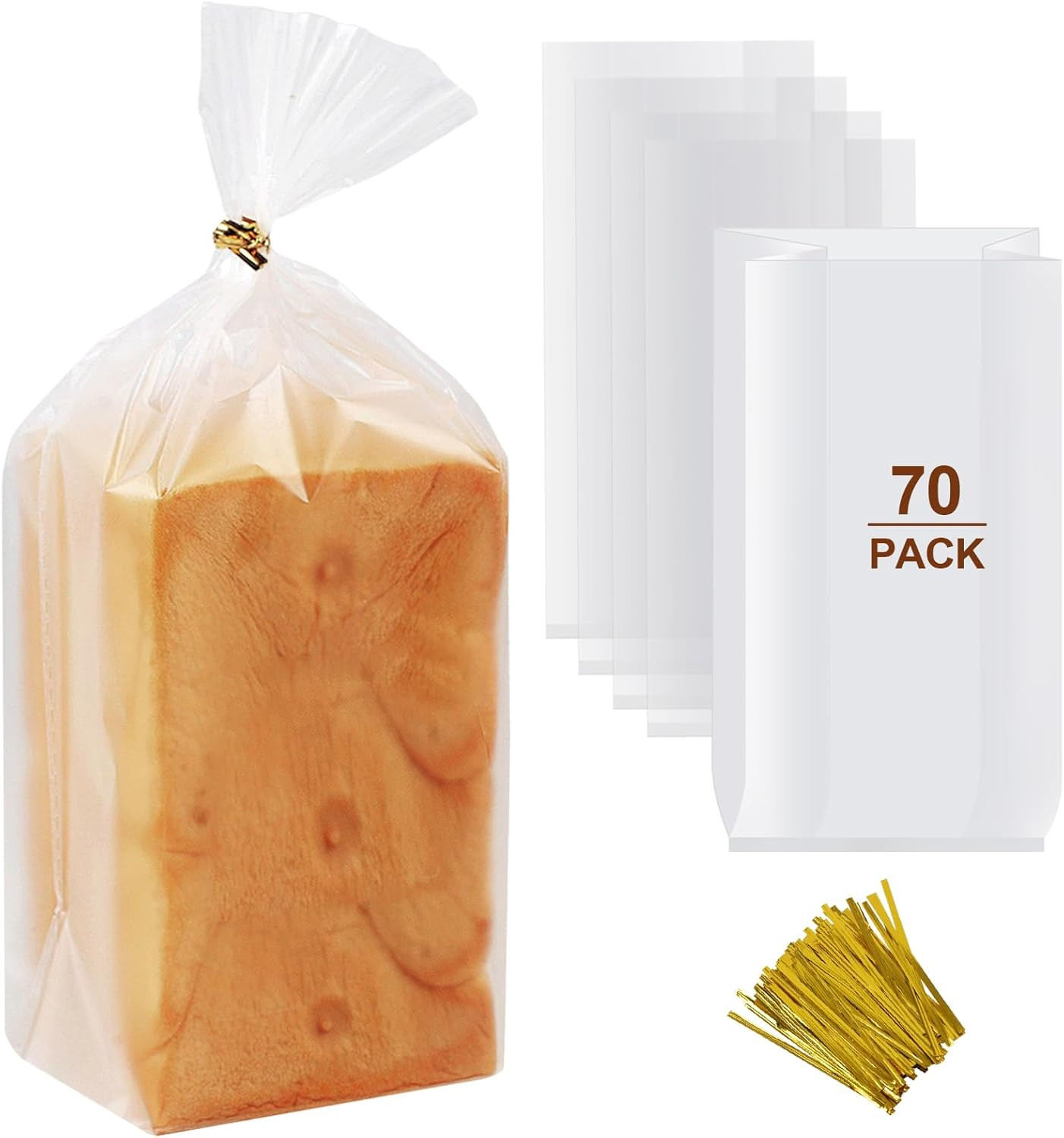 70 Pack Bread Bags with 100 Ties – 8x4x18 Clear Reusable Plastic Loaf Bags