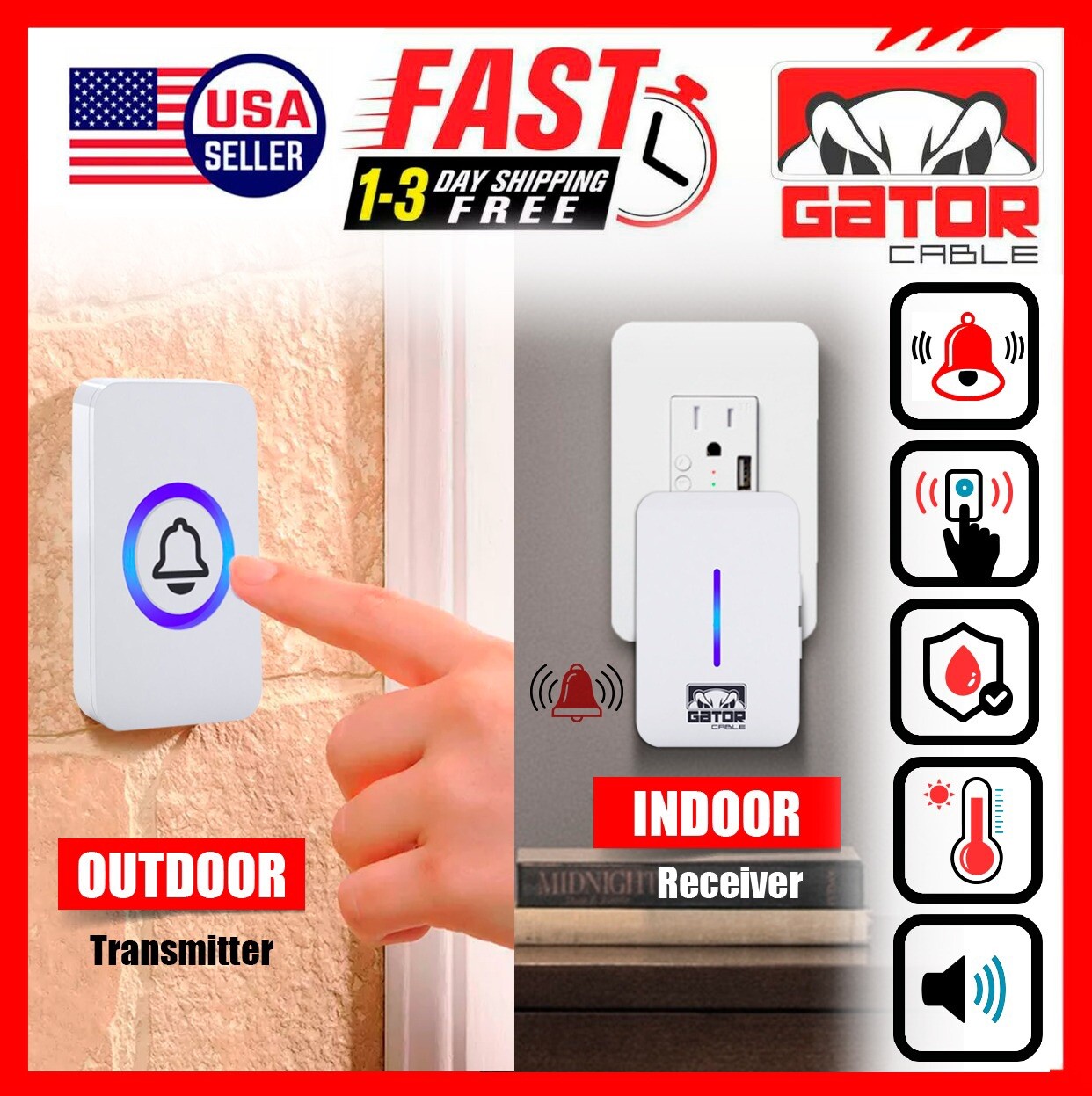 Wireless Doorbell Chime Waterproof Plugin Receiver Adjustable Volume 1000FT LOUD
