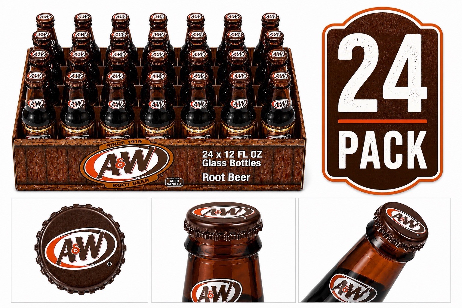 A&W Root Beer Glass Bottles 12 oz (24 Pack) Caffeine Free Made with Aged Vanilla