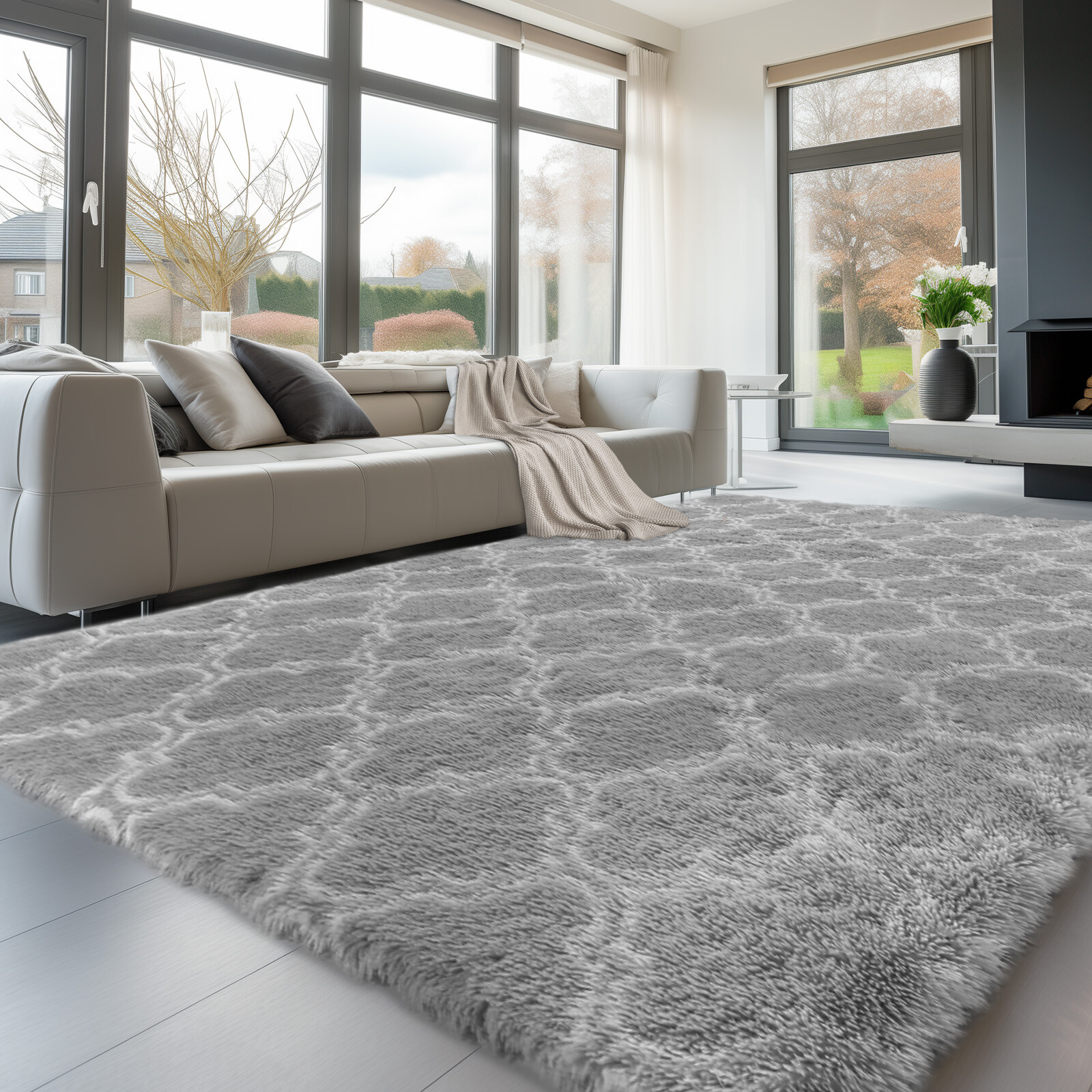 Large Size Shaggy Fluffy Area Rugs Carpets for Living room Bedroom Grey Lantern