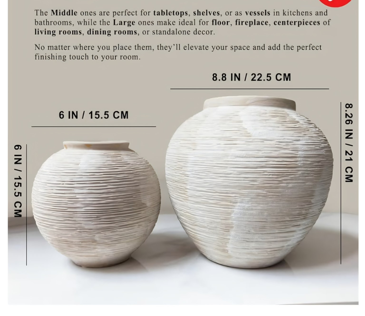 Round Decorative Flower Vase 8.26 in White/Beige Solid Plain Freestanding