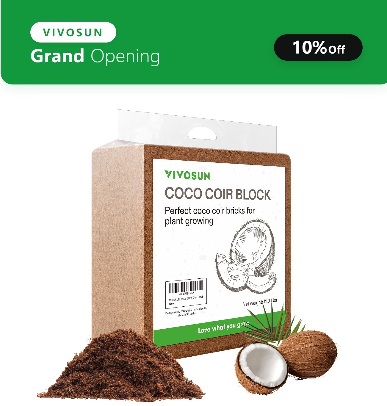 VIVOSUN 11 Lbs Coco Coir Brick 100% Natural Organic Coconut PH Balance Low EC