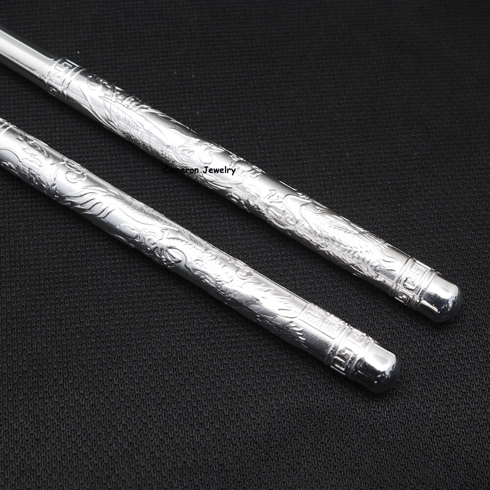 Solid S999 Fine Silver Chopsticks Carved Dragon Phoenix Dinnerware 47-48g 8.26in