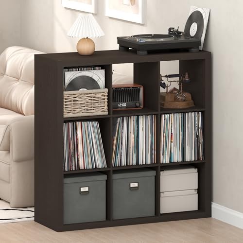 Cubicle Record Player Stand with Triple Thick, 9-Cube Standard Black Dark Oak