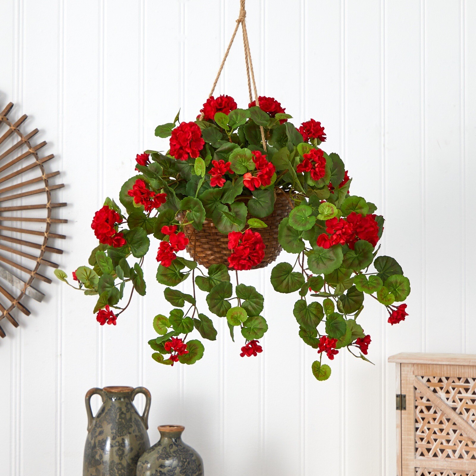 24″ Flowering Geranium Artificial Plant Hanging Basket Home Decor. Retail $88