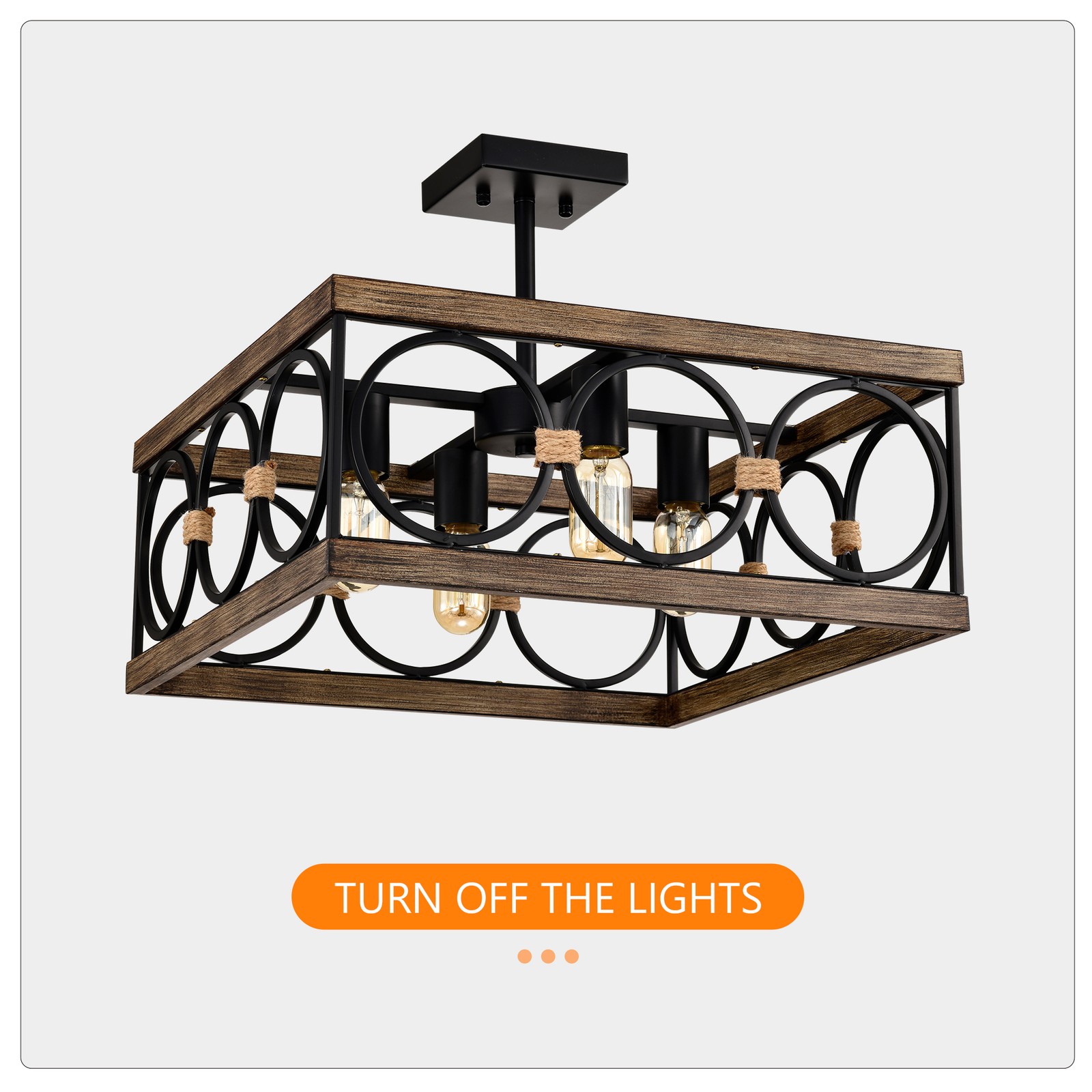 4-Light Square Kitchen Island Light Farmhouse Wood Black Metal Ceiling Fixture