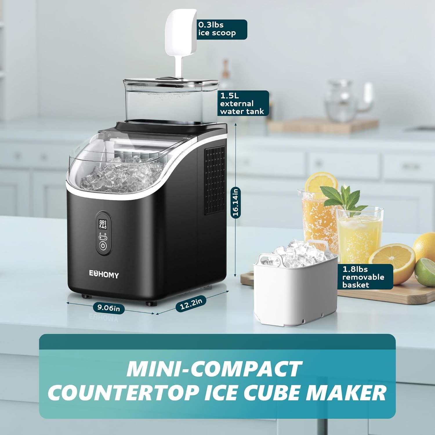 Euhomy Ice Cube Maker 34Lbs Countertop w/ Water Tank, Auto-Clean, Scoop & Basket