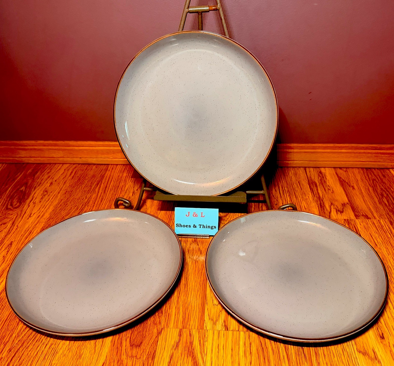 Over & Back Yes Let’s Set Of 3 Dinner Plates 10.5” Gray Stoneware Speckled