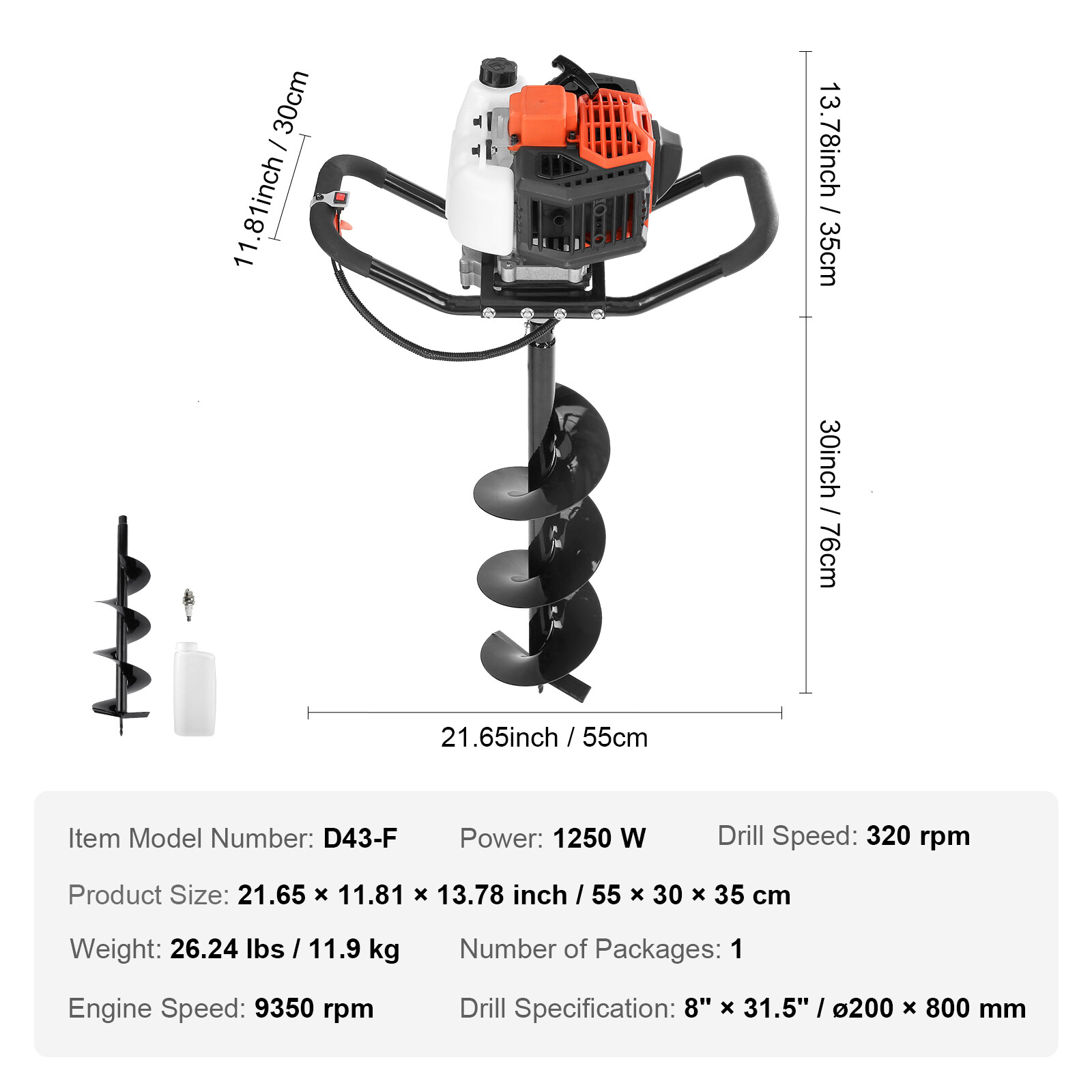 Post Hole Digger 43cc Gas Powered Earth Digger with 8″ Auger Drill Bit