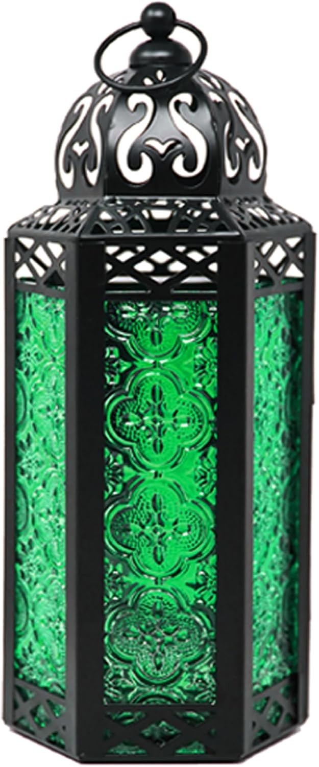 Emerald Green Moroccan Lantern – 10.5in Tall Candle Holder for Enchanting Decor