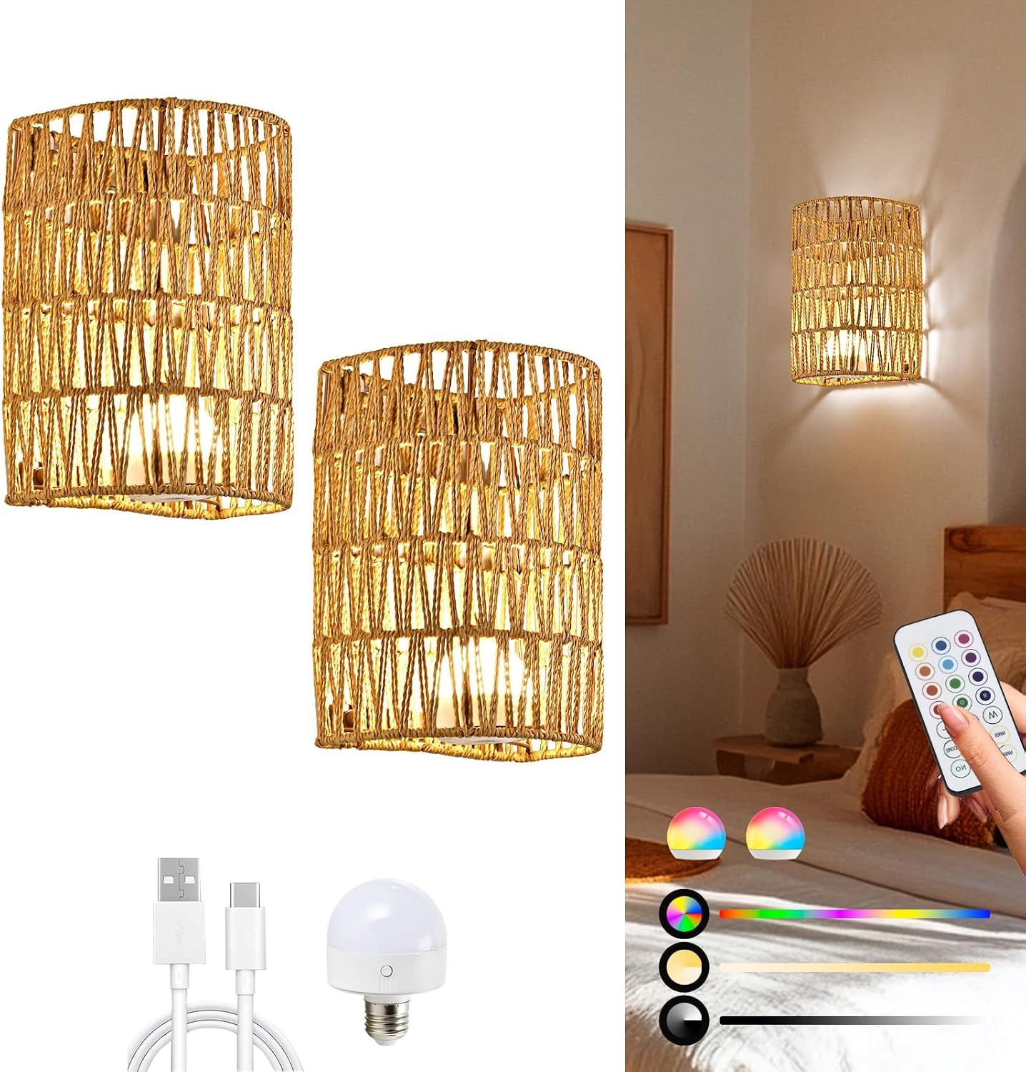 Battery Operated Rattan Wall Sconces Set of Two, Cordless RGB | Handwoven Boho W