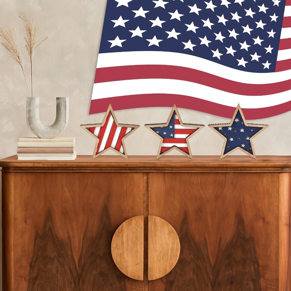 3Pcs Patriotic Wooden Star Decor American Flag Tabletop Ornament for 4th of July