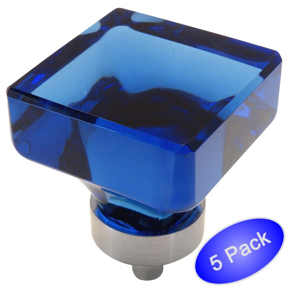 *5 Pack* Cosmas Satin Nickel & Blue Glass Square Cabinet Knob #6377SN-BL