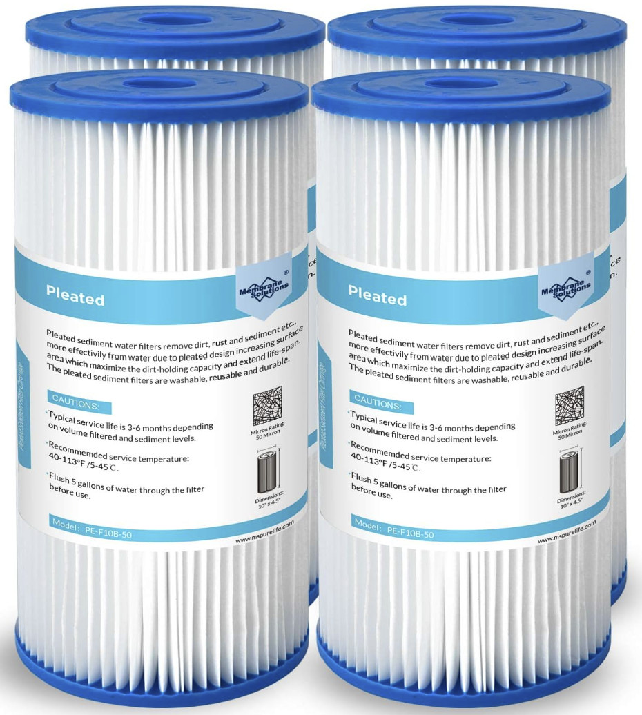 Membrane Solutions 4 Pk – 10″ x 4.5″ Sediment Pleated Water Filters PE-F10B-20