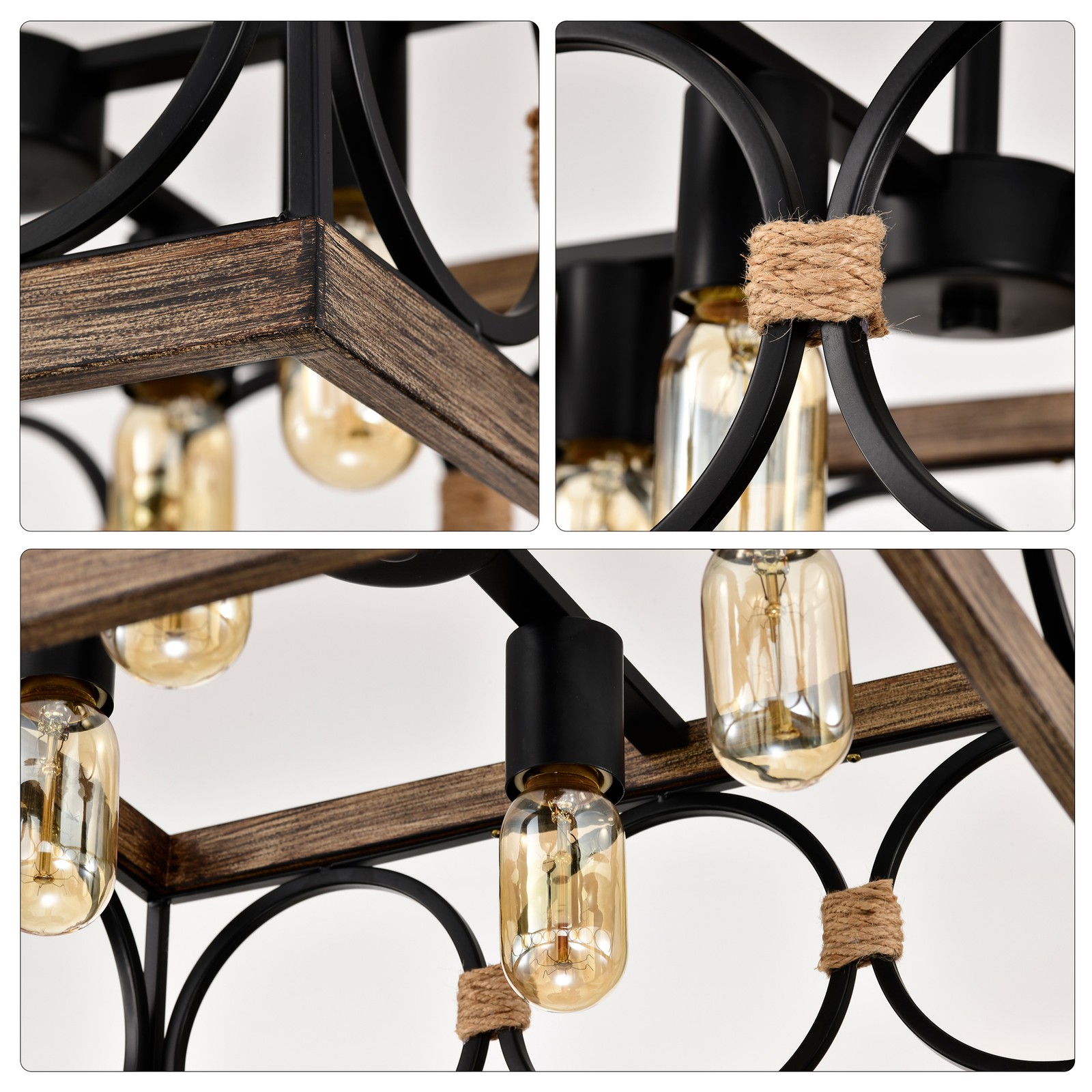 4-Light Square Kitchen Island Light Farmhouse Wood Black Metal Ceiling Fixture