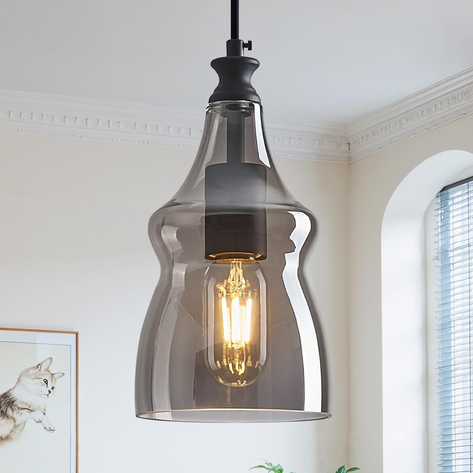 Modern Glass Pendant Light 5.11 in Light Grey Glass Shade Black Farmhouse Isl…