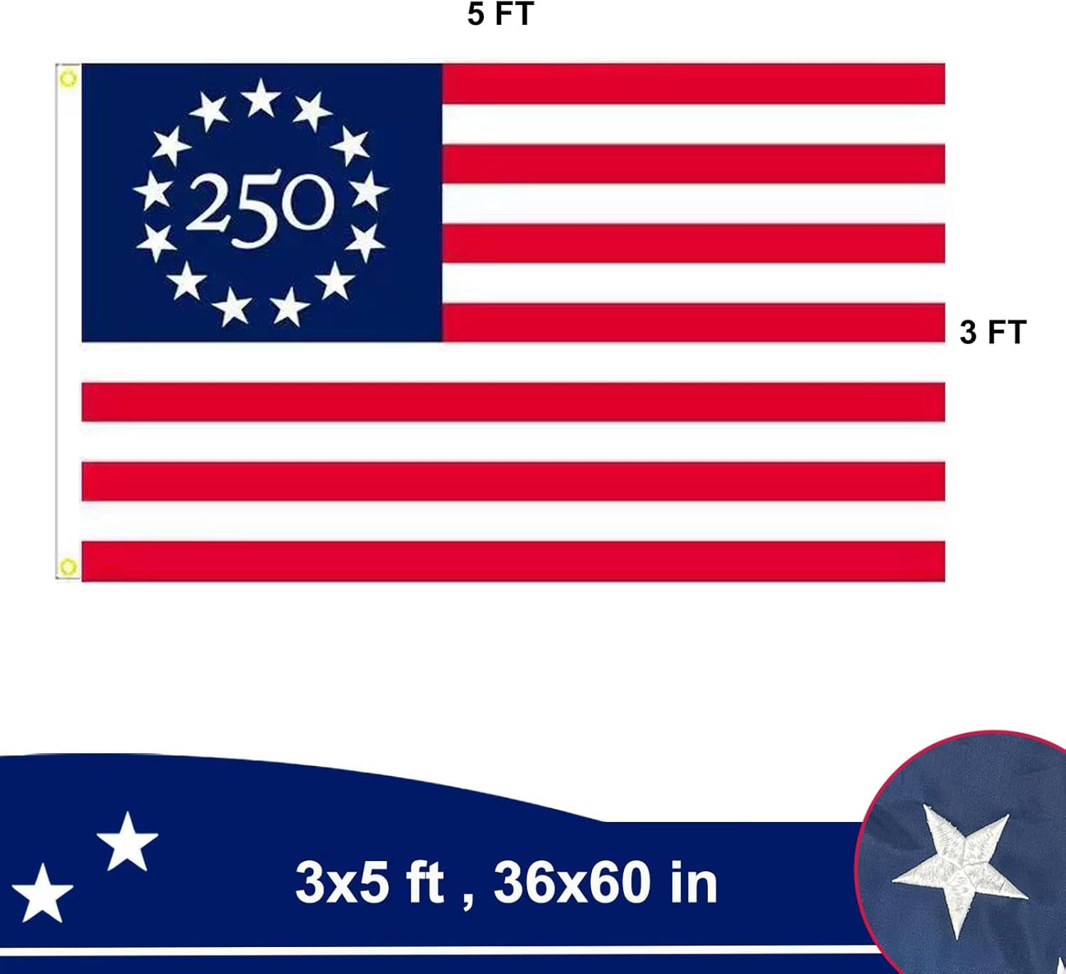 Embroidered 250 Years Betsy Ross USA Anniversary Flag 3×5 Flag Outdoor- 1776 202