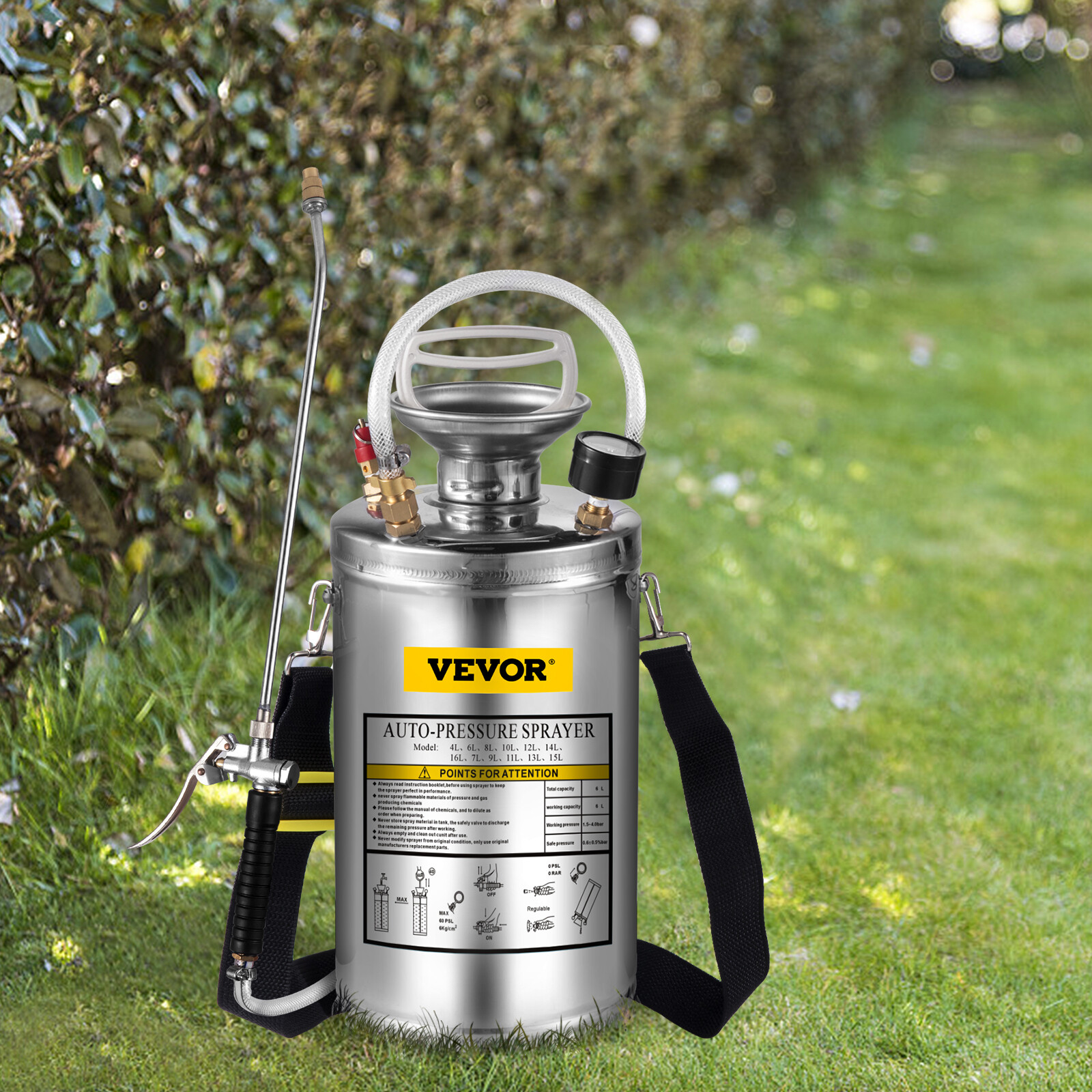 VEVOR Stainless Steel Sprayer 1.5 Gal Steel Hand-Pump Sprayer with 3.3 inch Hose
