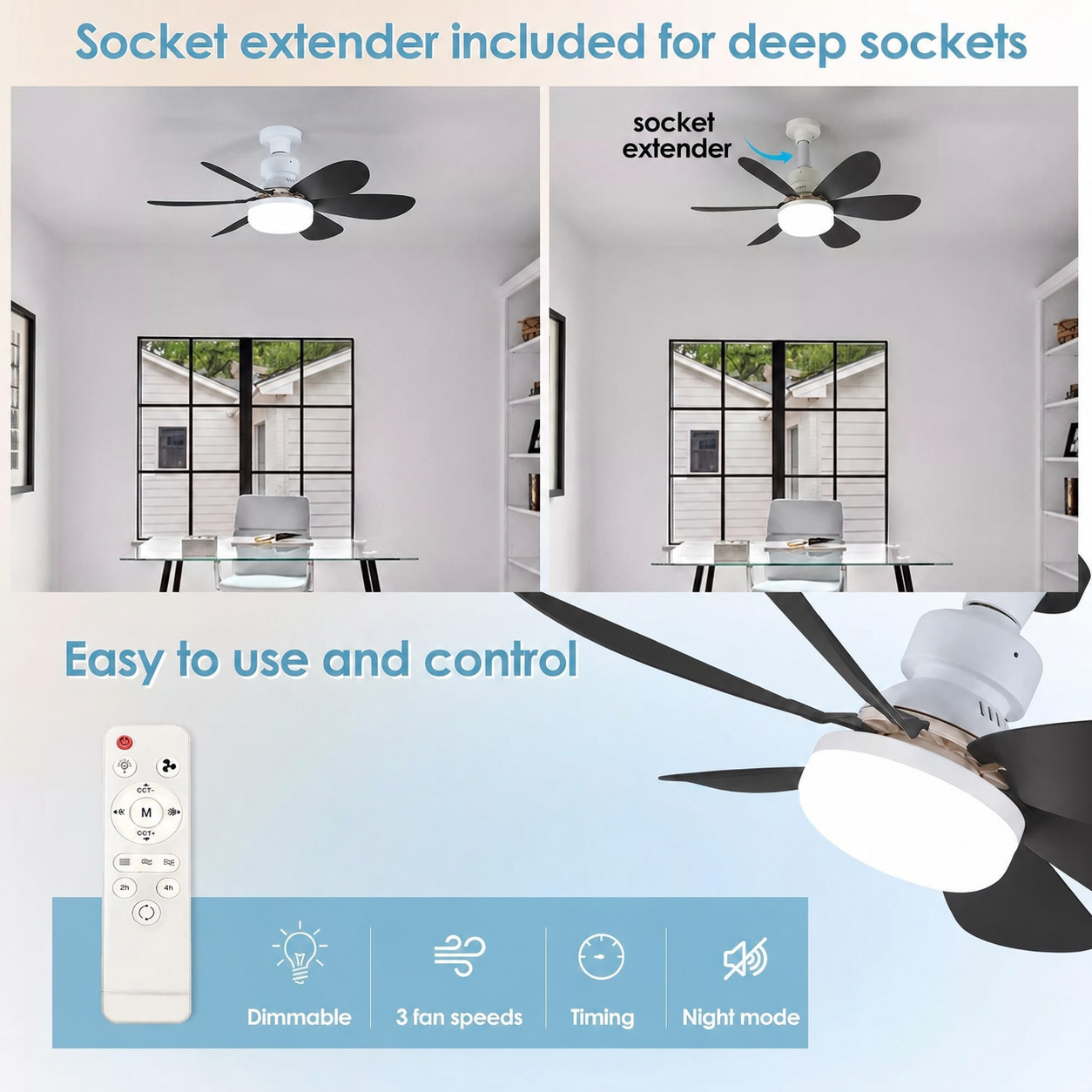Socket Fan Light Ceiling Fans With Lights And Remote Dimmable LED Ceiling Fan US