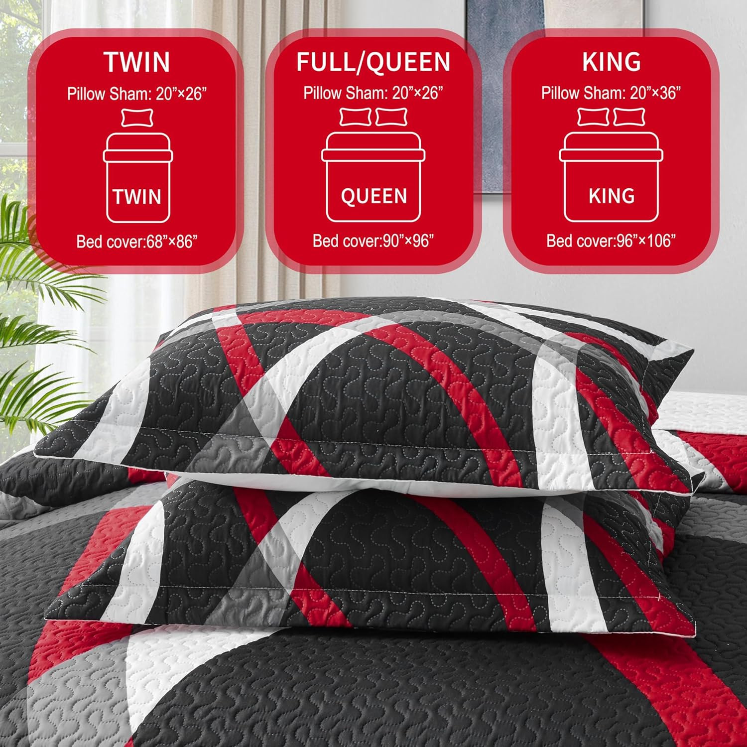 Black and Red Bedding Quilt King Size with 2 Shams, Modern Stripe Comforter Sets