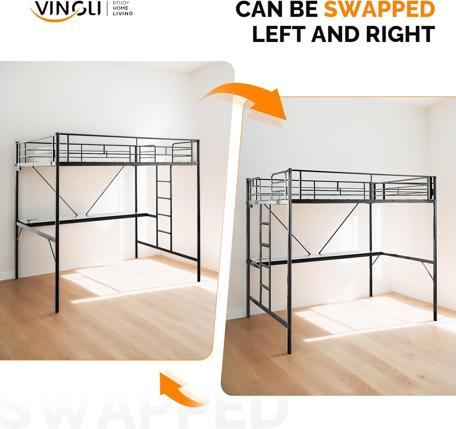 Full Size Metal Loft Bunk Bed Frame for Kids Teens Adults with Desk Underneath,2