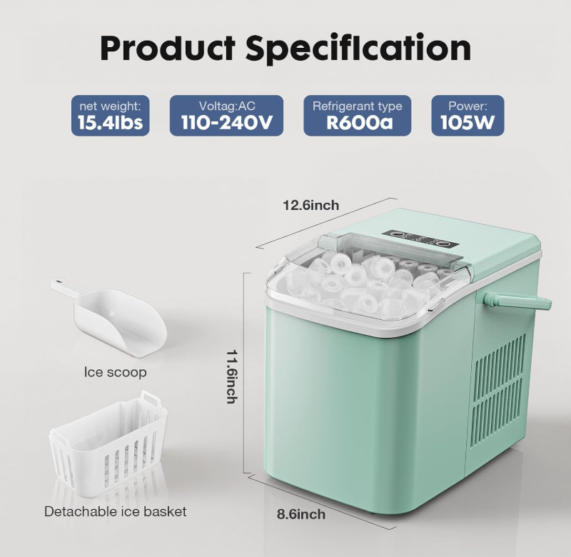 Countertop Ice Maker Machine, 9 Bullet Ice in 6 Min, Self-Cleaning, 26 lbs/Day