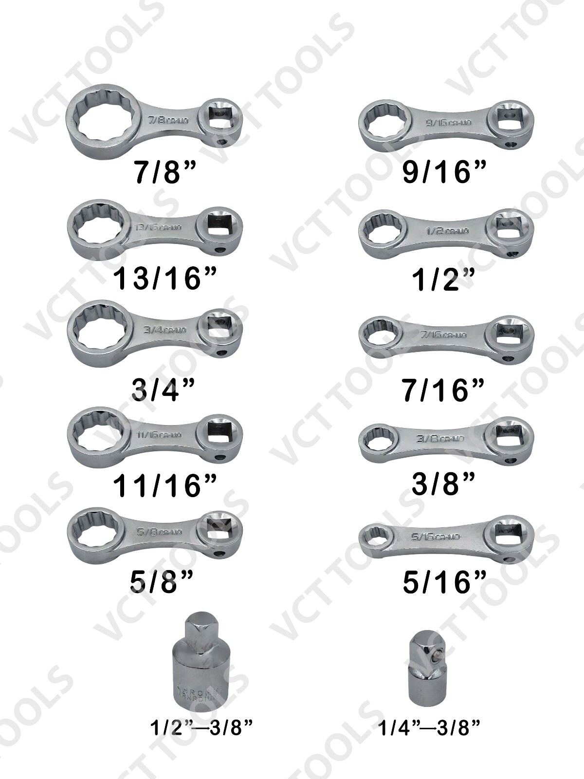 VCT 12-Piece SAE Torque Adapter Set, 12-Point Box End Extension 5/16-7/8″