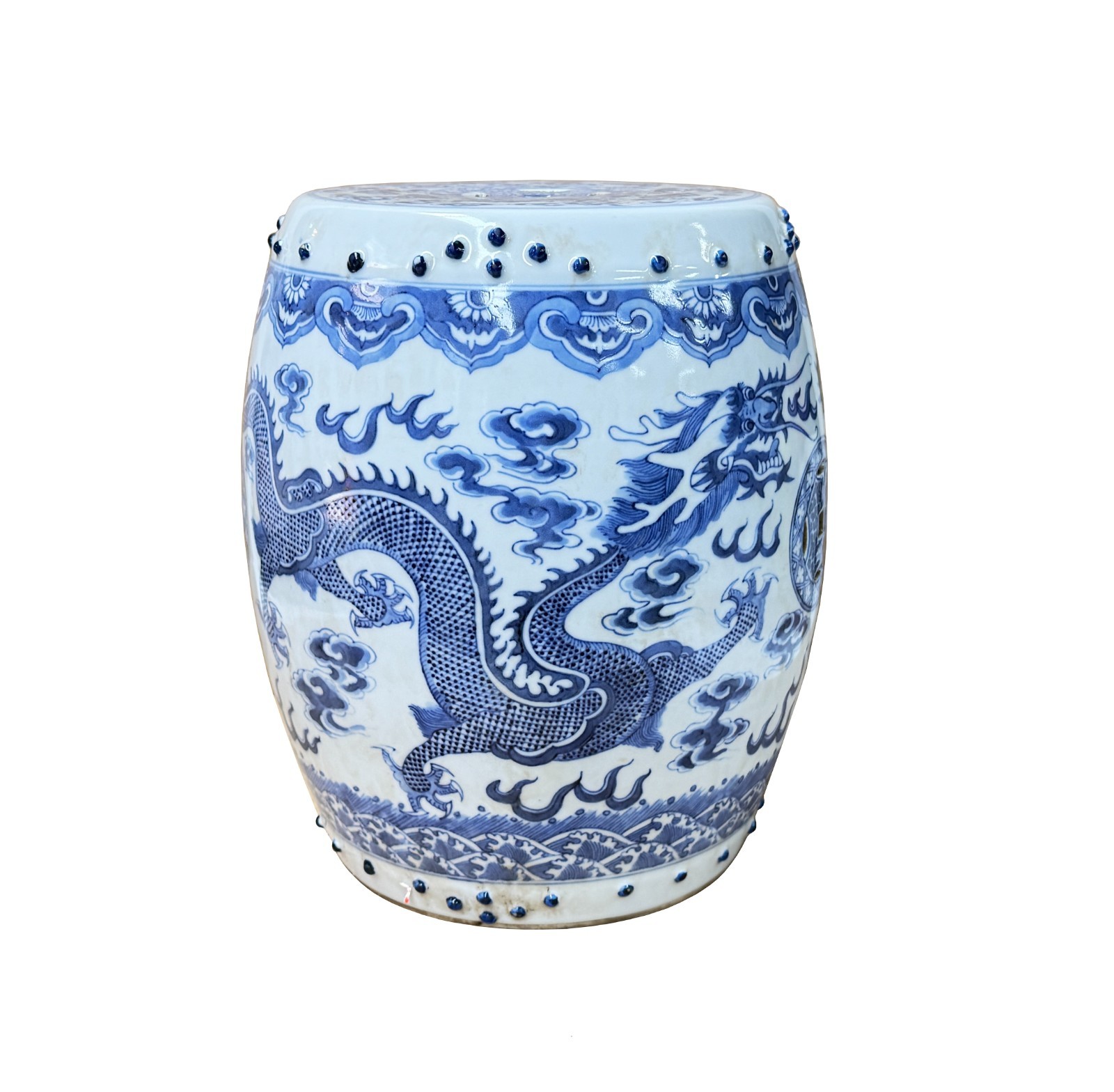 10″ Blue White Porcelain Double Dragons Round Shape Stand Display Art GB677