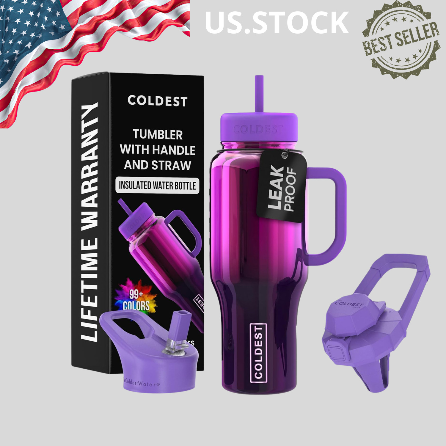NEW 36oz Insulated Tumbler Handle Straw Spill Proof Steel Cup Purple Nova