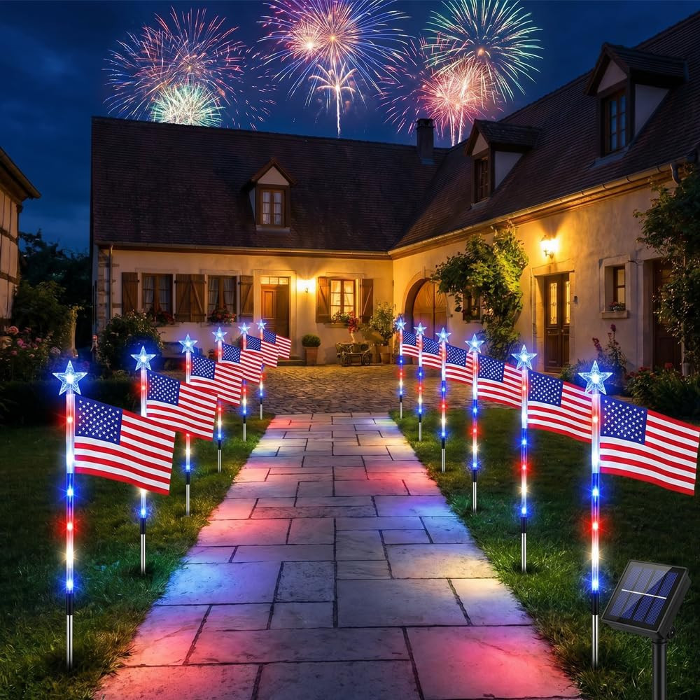 8 Pack Solar American Flag Pathway Lights 4th of July Outdoor Garden Decoration