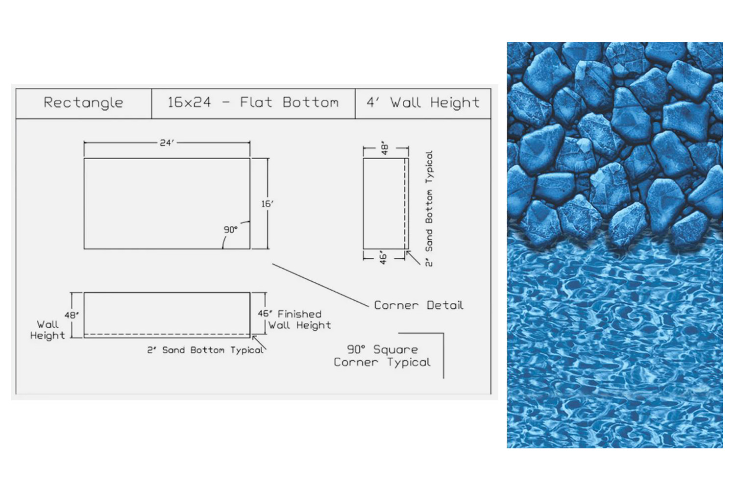 16′ x 24′ Rectangle 4′ Flat Bottom Swimming Pool Liner for use w/ Kayak Pools®