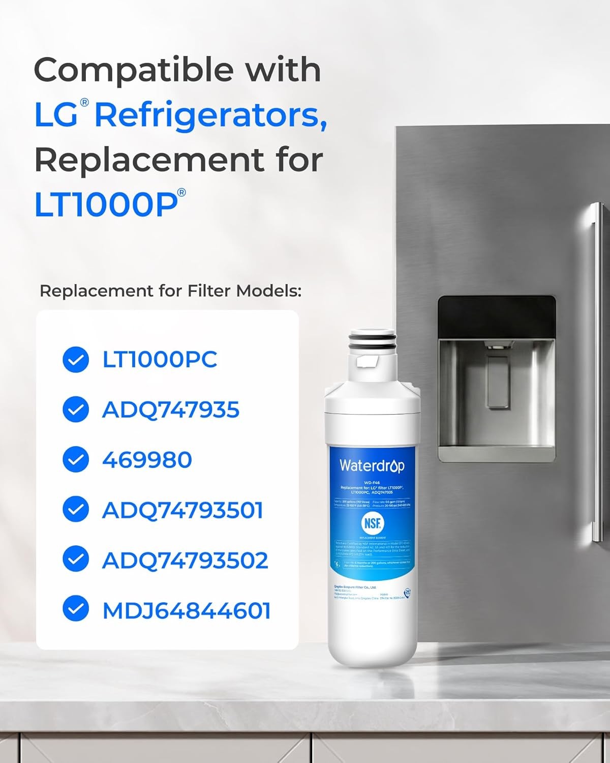Waterdrop Refrigerator Water Filter, Replacement for LG® LT1000P®, Pack of 9