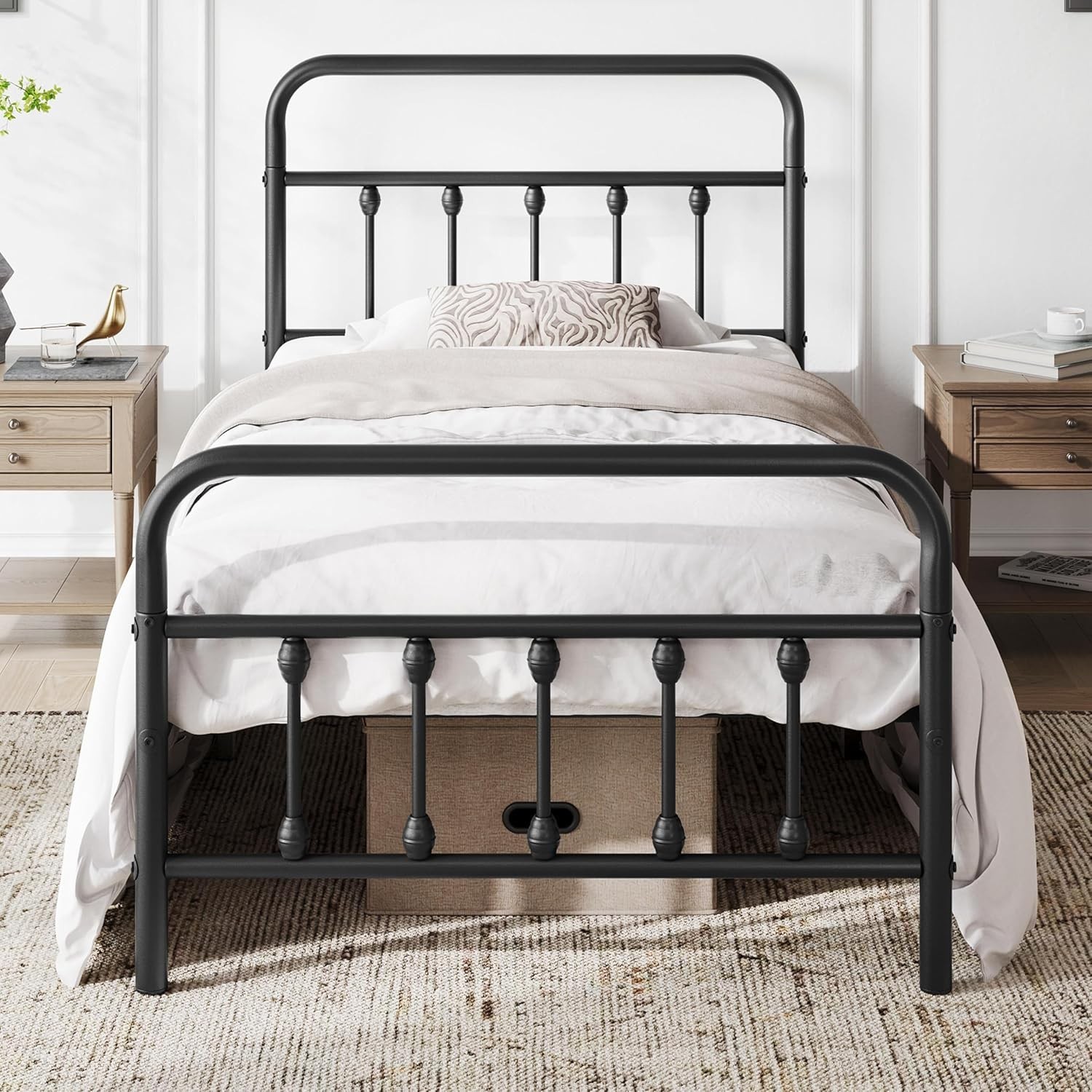 Twin Metal Bed Frame, Victorian Iron-Art Headboard, 450 lb Capacity, 12.6″ St