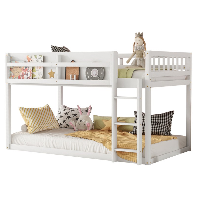 Solid Wood Low Twin Size Bunk Bed Floor Bunk Bed with Ladder for Kids Juniors