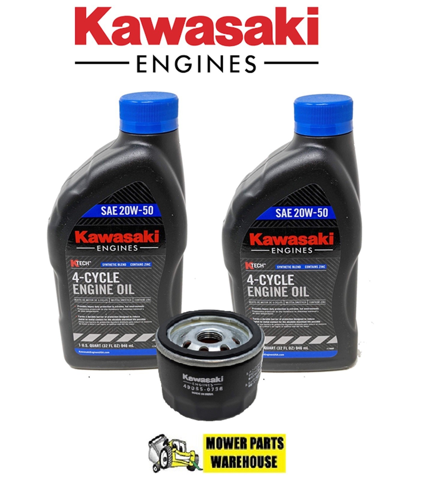 Genuine Kawasaki Oil Change Kit (2)99969-6298 20W-50 & 49065-0736 Filter -0721