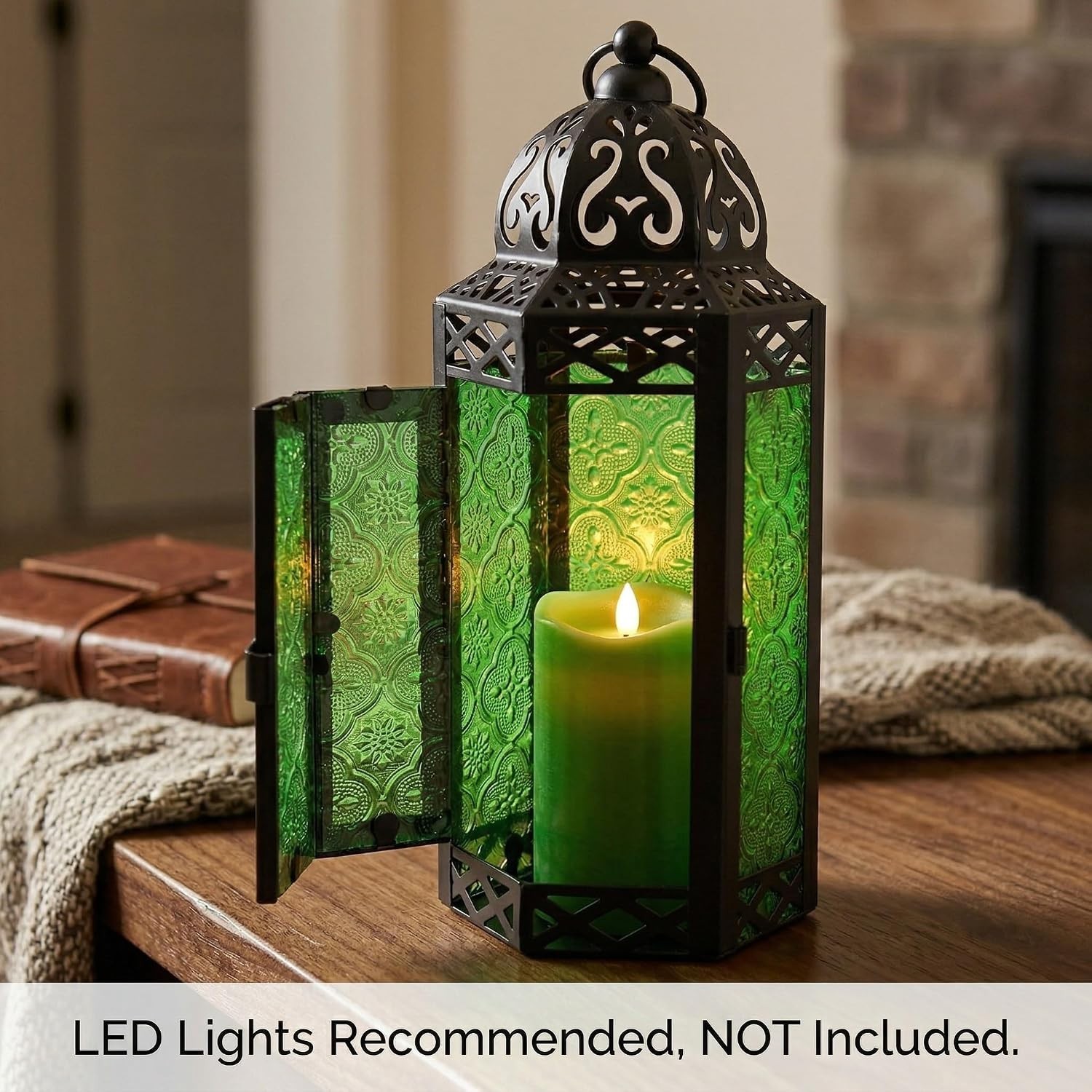 Emerald Green Moroccan Lantern – 10.5in Tall Candle Holder for Enchanting Decor