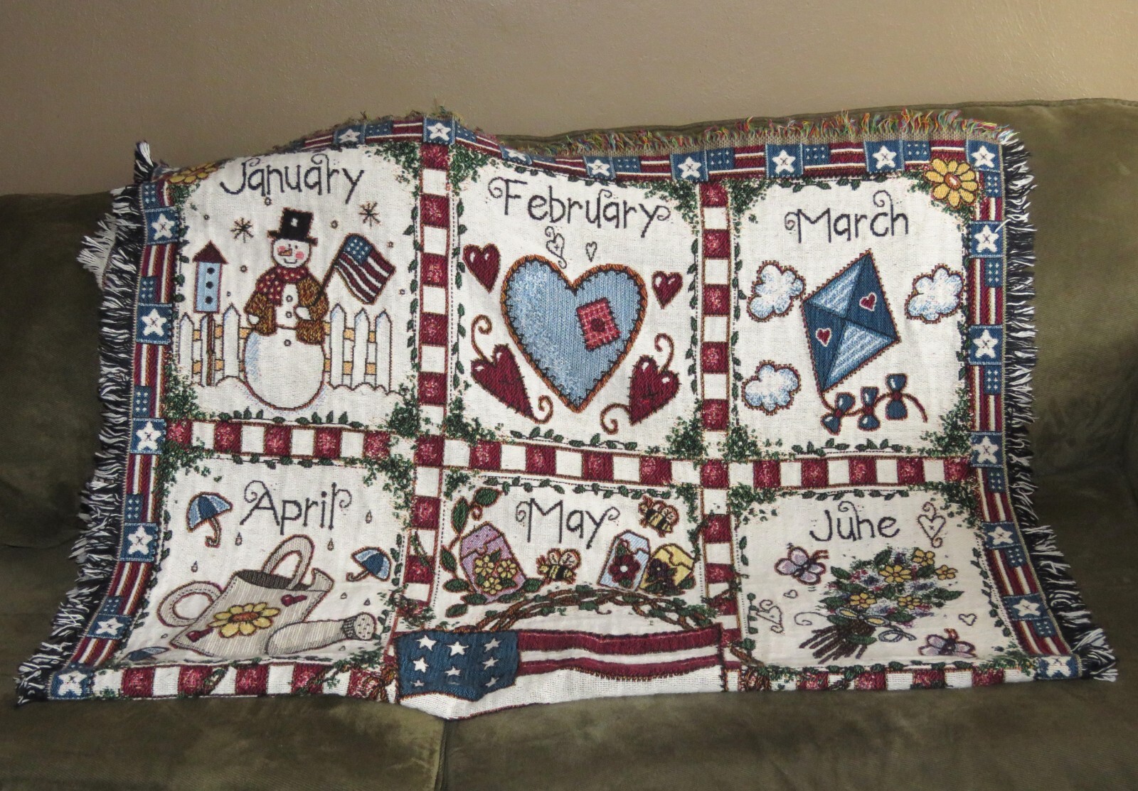Tapestry Throw Afghan Blanket AMERICANA 12 Months Calendar Seasons VINTAGE