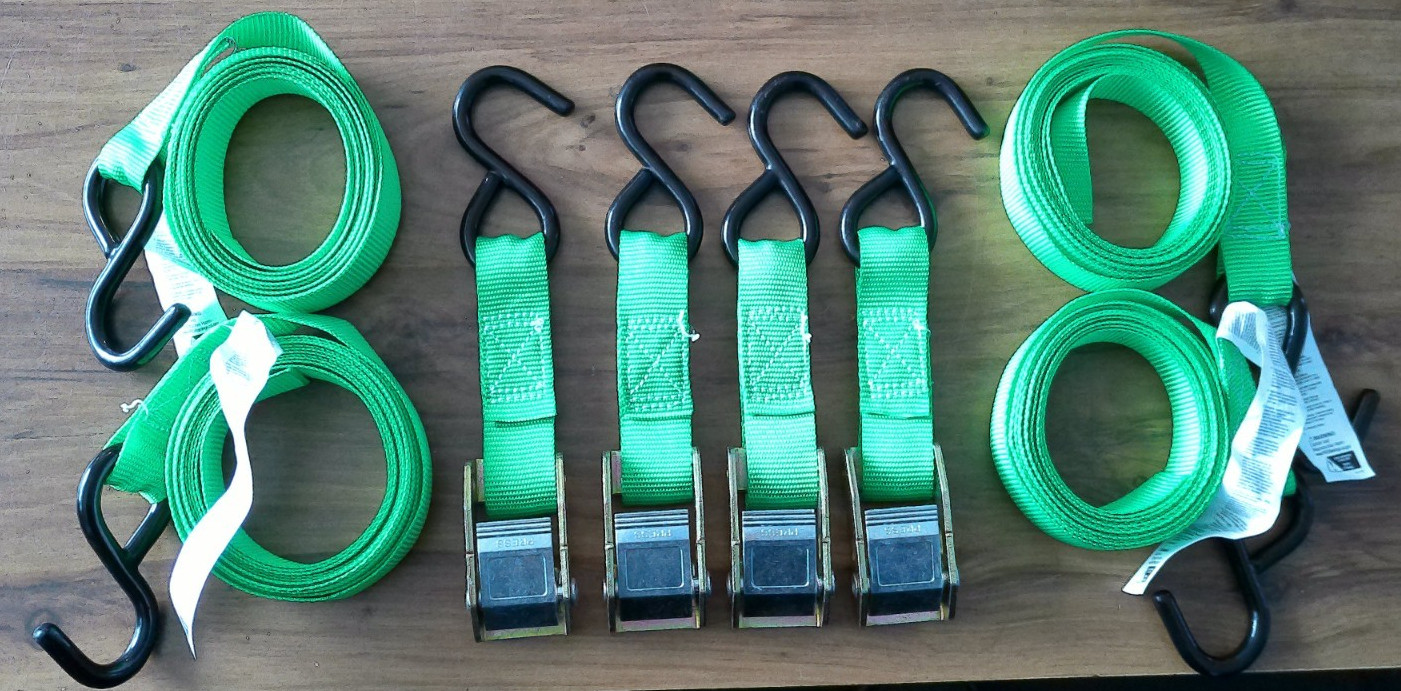 4 New 10′ Green Cambuckle Tie Down Straps, 300 Lb. Safe Work Load, 900lb Break