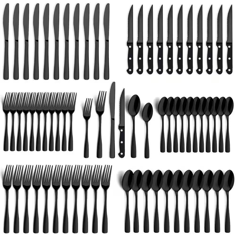 5.12 In. Full Tang 72-Piece Stainless Steel Black Flatware Set, Dishwasher Safe