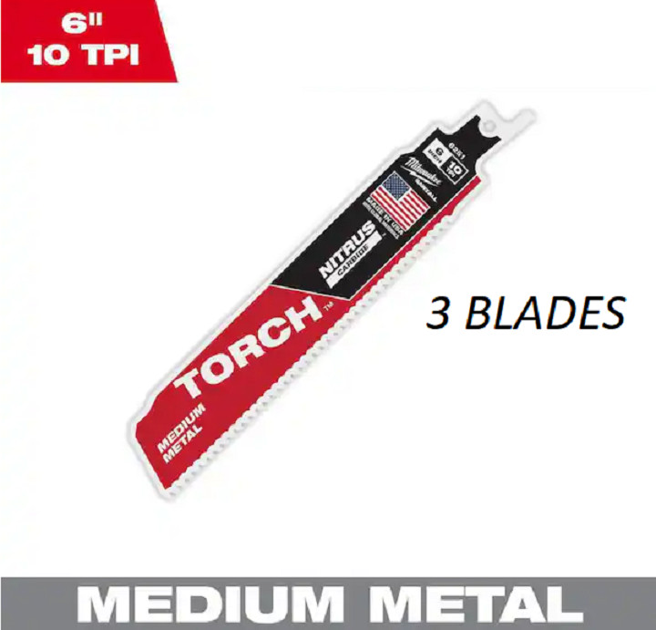 (3) Milwaukee 6” 10Tpi Torch Nitrus Carbide Reciprocating Saw Blade 48-00-6251