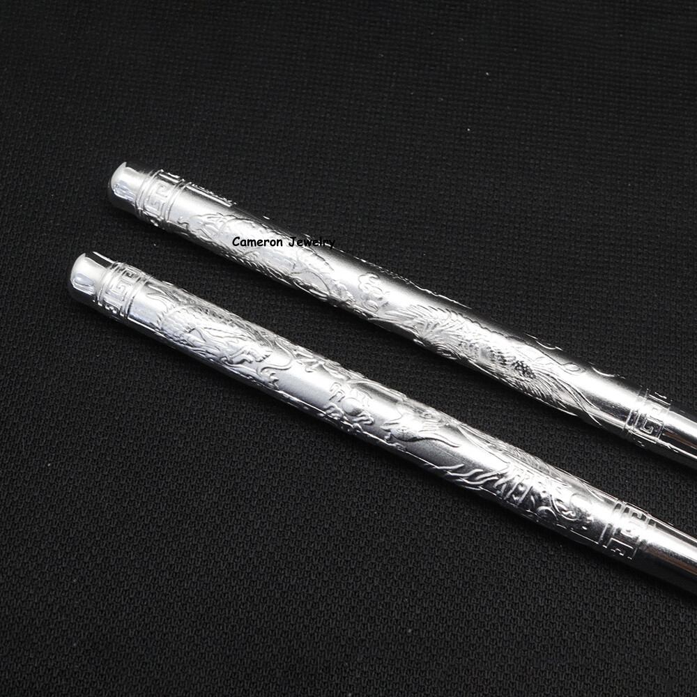 Solid S999 Fine Silver Chopsticks Carved Dragon Phoenix Dinnerware 47-48g 8.26in