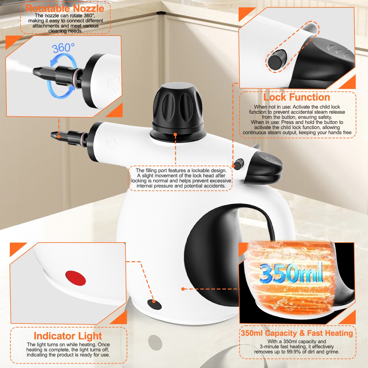 1200W Handheld Pressurized Steam Cleaner for Automotive and Household Surfaces
