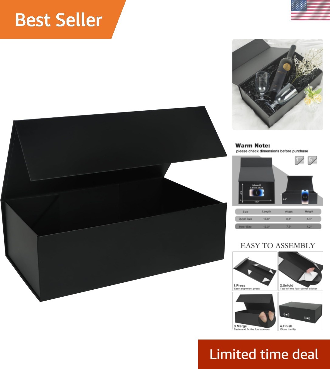 Black Gift Box with Magnetic Lids 13.8×8.3×4.4 in, Large Bridesmaid Groomsman…
