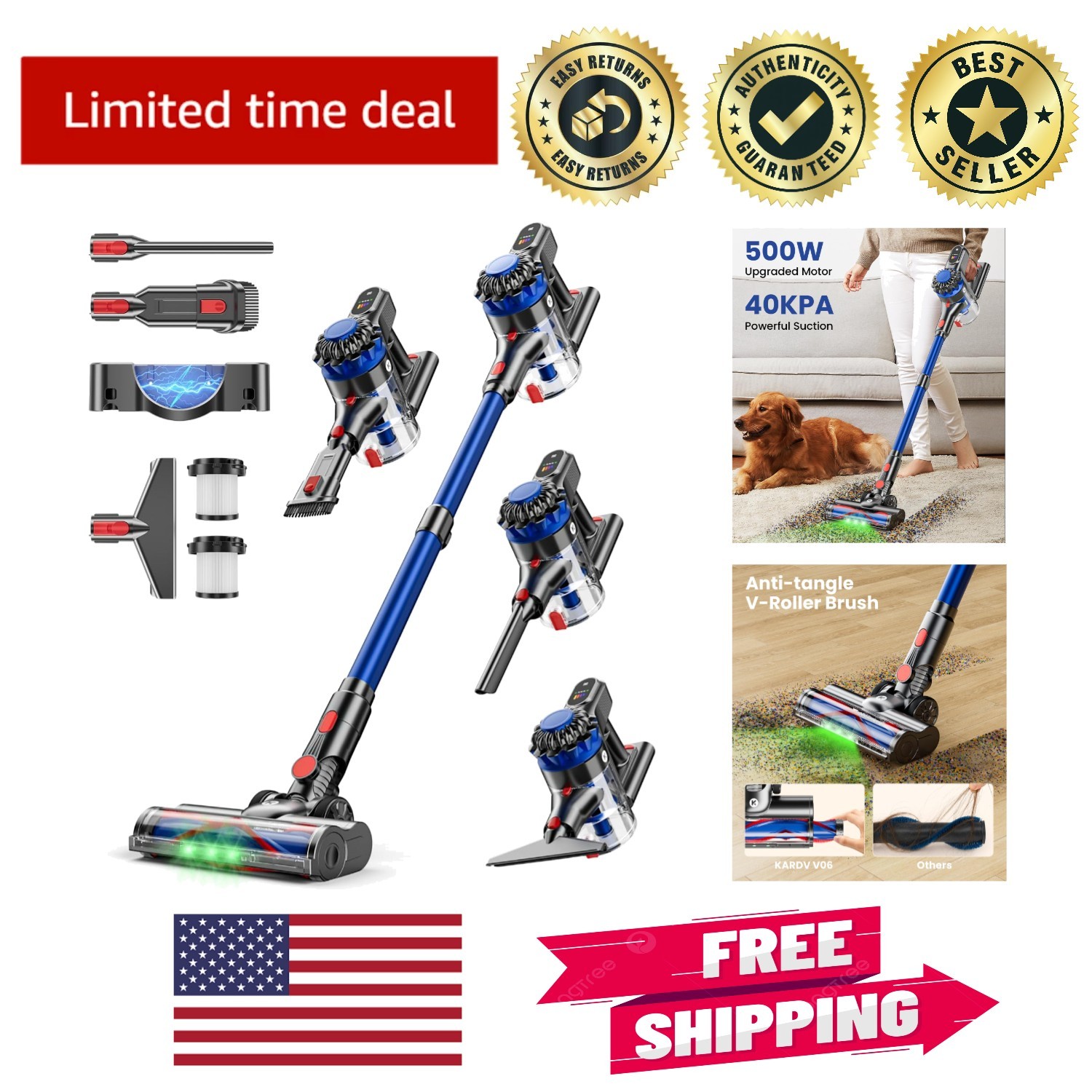 60 Min Stick Vacuum Cleaner with Wall Mount & Anti-Tangle Brush, 8-in-1 Design