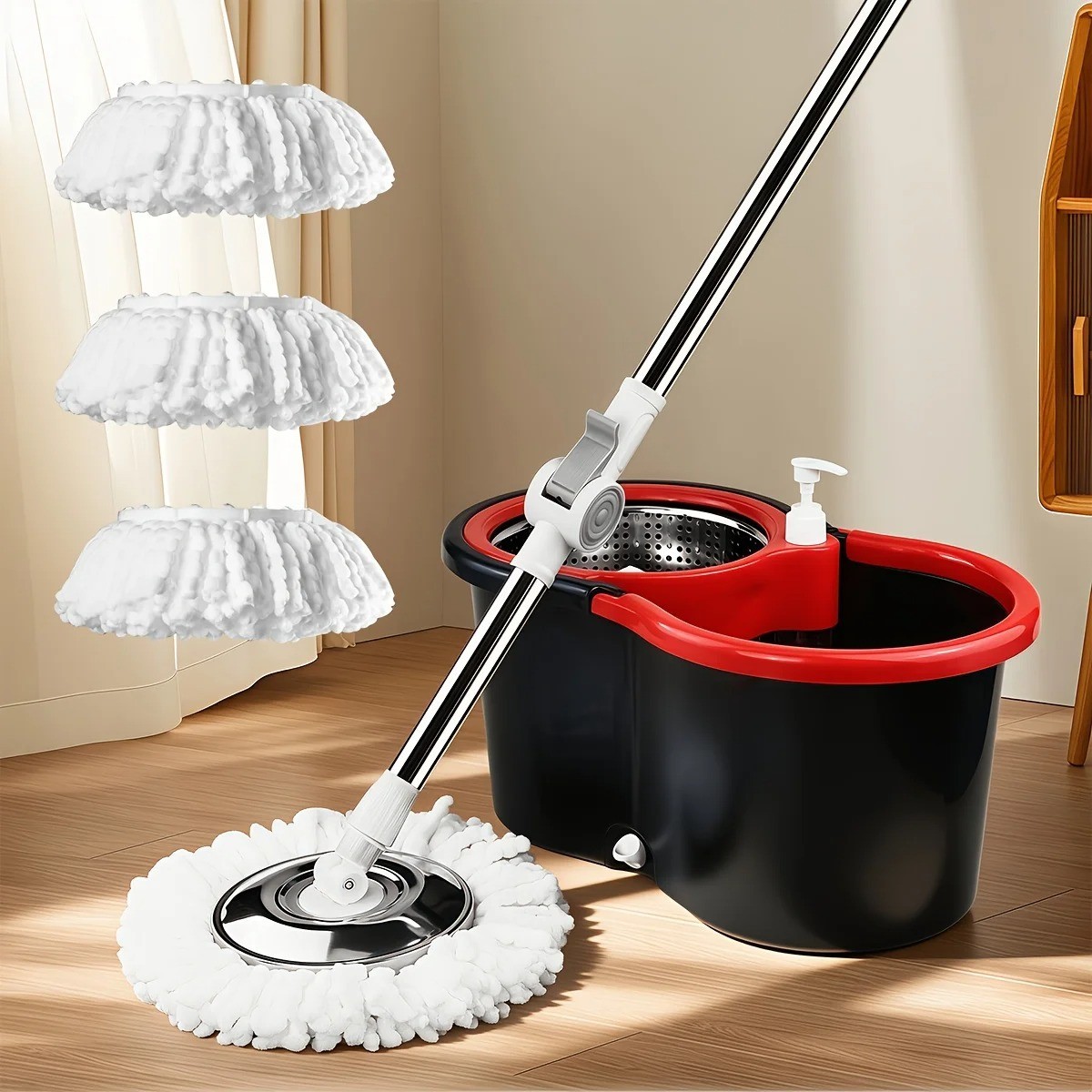 Spin Mop and Bucket System with 4 Microfiber Mop Heads Floor Cleaning System