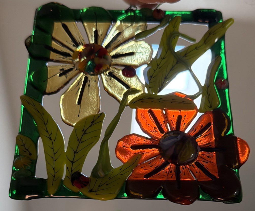 Fused Glass Handmade Rectangular Multicolor Sun Catcher Signed By Artist