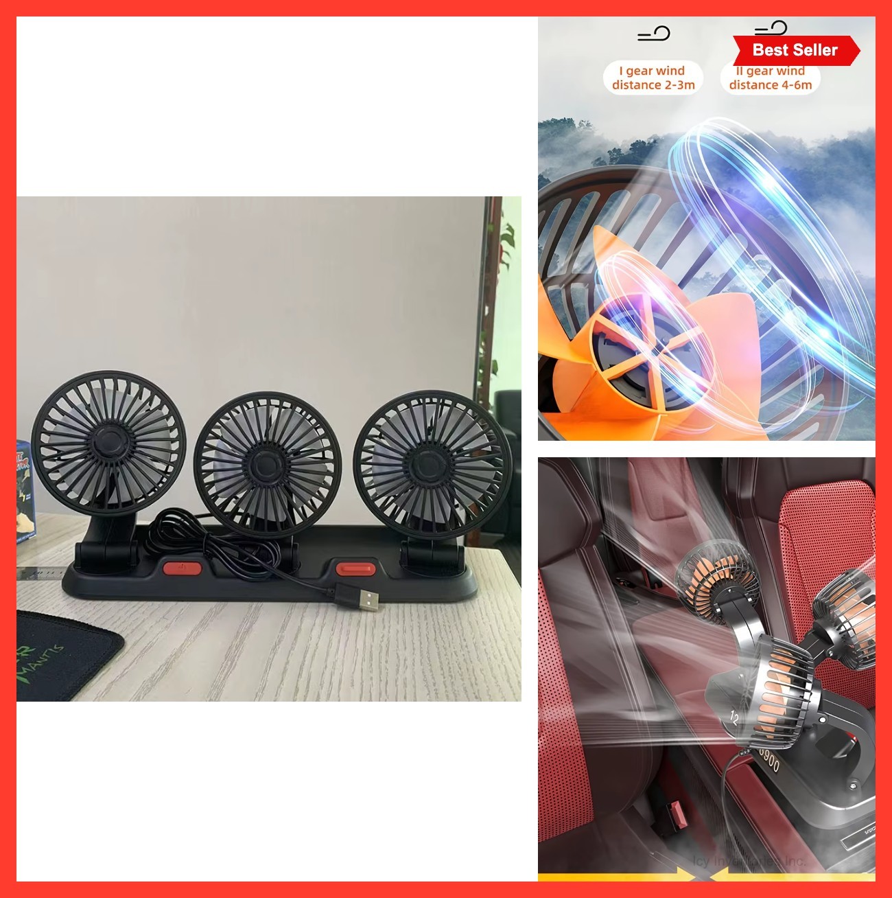 Three-Head Car Fan 360 Degree Adjustable Twin Wind Speed USB 5 Volt Portable